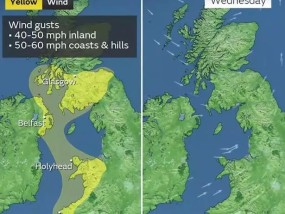 气象地图视频显示大风席卷英国，英国气象局发布了大风黄色预警