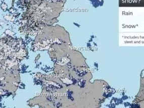 英国气象局发布最新的“白色圣诞节”降雪地图，显示英国哪些地区将被大雪覆盖